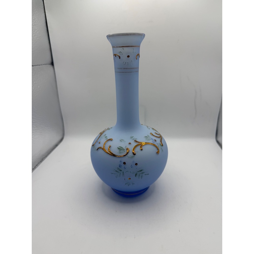 Vintage Light Blue Satin Frosted Glass Bud Vase Hand Painted Gold Gilt 8 Inch